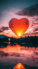 Fototapeta premium Heart-shaped lanterns glowing at sunset over a tranquil lake