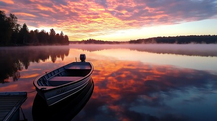 Fototapeta premium Serene Sunset over a Calm Lake: A Small Boat at Dusk AI Generated