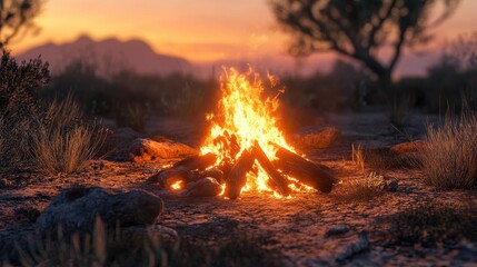 Campfire burning brightly at sunset in a desert landscape. Perfect for illustrating warmth, adventure, or survival themes.