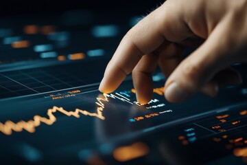 Naklejka premium Engaging with Virtual Stock Market: Hand Interacts with Dynamic 3D Graphs in Digital Trading Concept