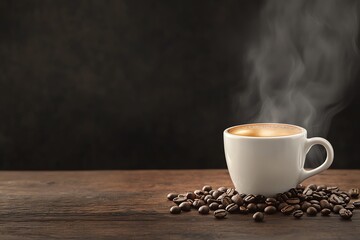 A steaming cup of coffee rests on a wooden surface, surrounded by coffee beans, creating a cozy and inviting atmosphere.
