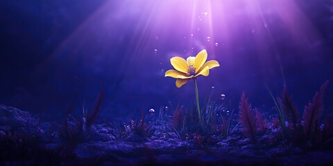 Naklejka premium Magical yellow flower growing at the bottom of the ocean, mysterious, purple light, moody, fantasy artwork 