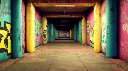 Vibrant graffiti art in an urban tunnel with colorful columns.