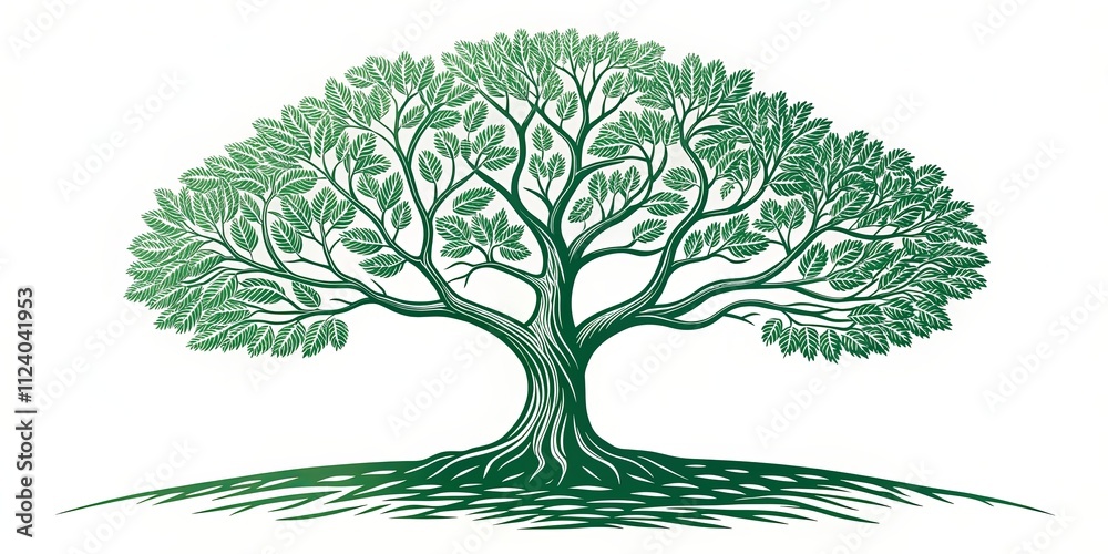 Poster a large tree with green leaves is the main focus of the image