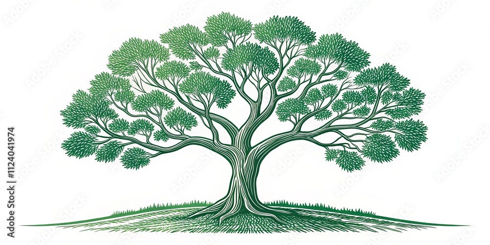 Poster a large tree with green leaves is the main focus of the image