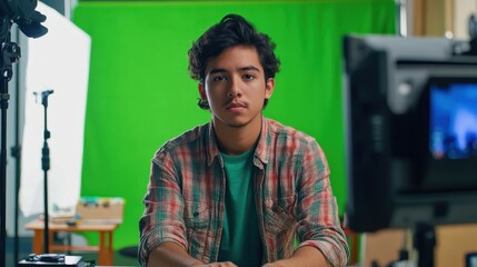 Fototapeta premium A Hispanic creative freelancer teen creating artwork with focus, greenscreen background, full body