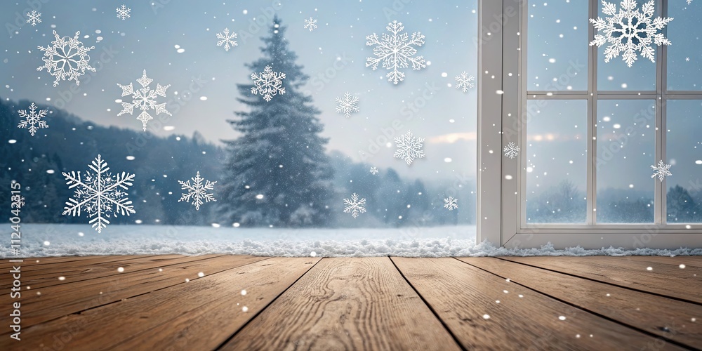 Aufkleber A window with snowflakes falling outside and a tree in the background