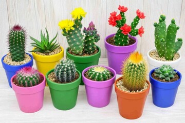 Colorful arrangement of various cacti in vibrant pots on display against a light wooden background