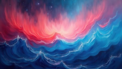 Obraz premium Glowing Polar Gradients.Abstract aurora representation with dynamic waves of coral and azure over a clear, starry backdrop. The image is perfectly noise-free, designed for high-impact visual appeal