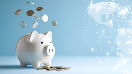 Symbolic piggy bank with data projections, global financial technology theme