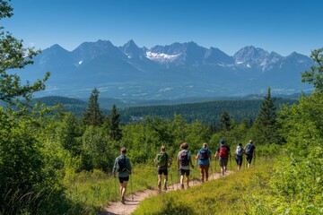 Fototapeta premium Hikers on Mountain Trail with Majestic Mountain View