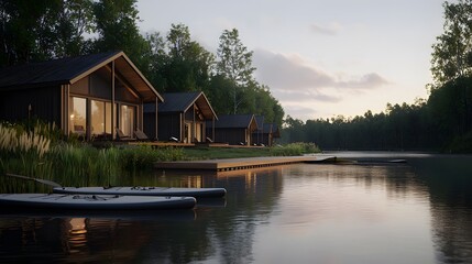 Obraz premium Serene Lakeside Retreat Featuring Paddleboards and Cozy Cabins Amidst Tranquil Natural Surroundings for Relaxation and Outdoor Adventure
