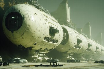 Spaceship landing on abandoned earth base futuristic environment sci-fi concept atmospheric viewpoint