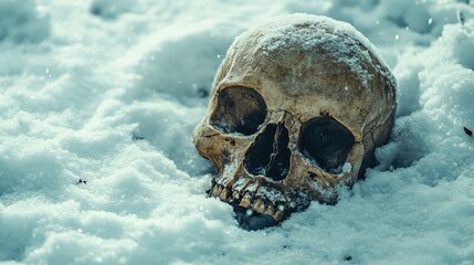Snow-covered human skull in winter scene. Ideal for thriller, mystery, or winter themes.