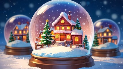Christmas house in the globe, tree decorations on snow, holiday lovely winter banner background