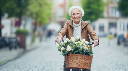 Fototapeta premium Joyful Senior Cycling Through City Street