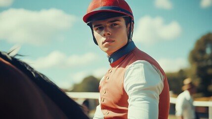 Serious Young Jockey Awaiting Race, Sunny Racetrack