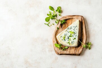 Gourmet blue cheese on a rustic wooden board with fresh herbs and greens