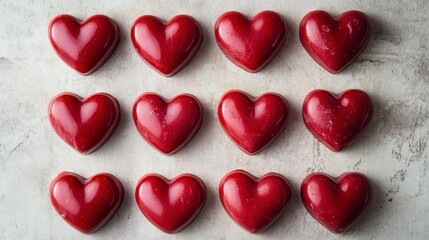 Obraz premium Twelve Red Heart-Shaped Soaps Arranged on Light Gray Surface