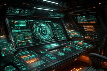 Obraz premium Futuristic control room interface sci-fi setting digital display immersive environment high-tech concept for innovation