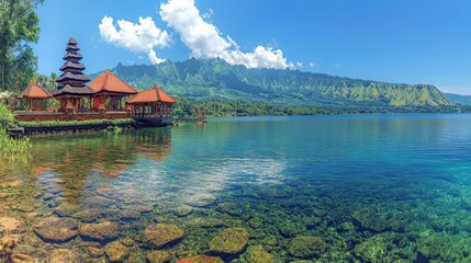 Obraz premium Scenic view of a tranquil lake with traditional structures and mountains in the background.