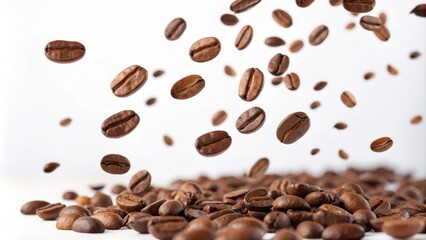 Obraz premium Roasted coffee beans falling onto a pile of coffee beans