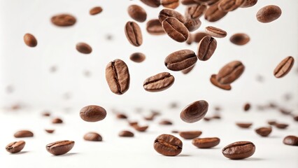 Obraz premium Roasted coffee beans levitating in mid-air, a dynamic display of rich brown hues against a bright white background