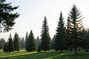 Serene Sunset Illuminates Tall Evergreen Trees on a Lush Green Meadow