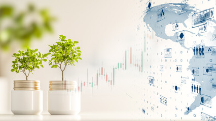 Economic growth illustrated by a tree sprouting from coin stacks