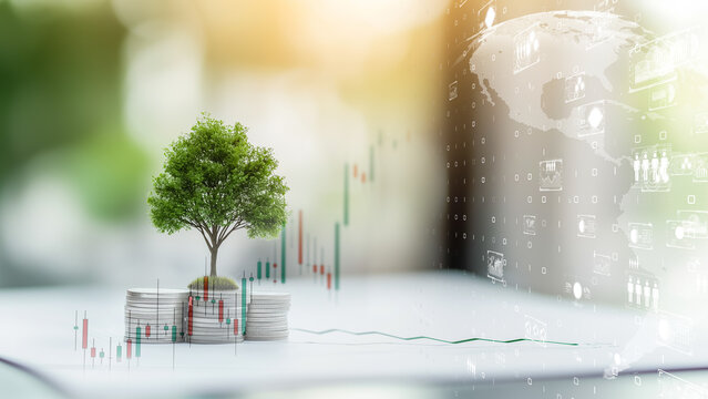 Economic growth illustrated by a tree sprouting from coin stacks