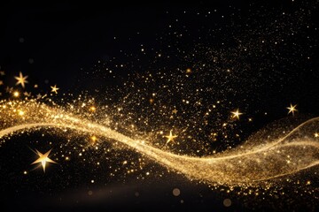 Obraz premium Golden Stardust Trail A Celestial Wave of Sparkling Glittering Particles and Stars on a Dark Background