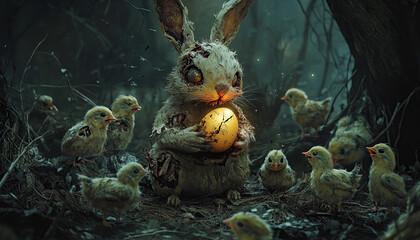 Terrifying Easter Bunny holding a glowing egg