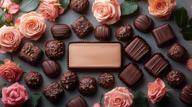Flat lay of chocolates and roses arranged around a blank white background, ideal for Valentine’s Day messages.