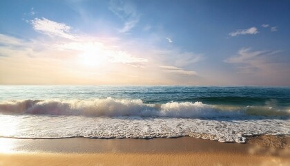 Fototapeta premium The concept of happiness and new beginnings: Ocean waves crashing gently on a sunny beach, peace and renewal in focus.