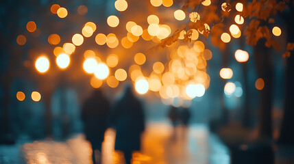Romantic evening stroll city streets bokeh lights urban environment blurred viewpoint dreamy atmosphere