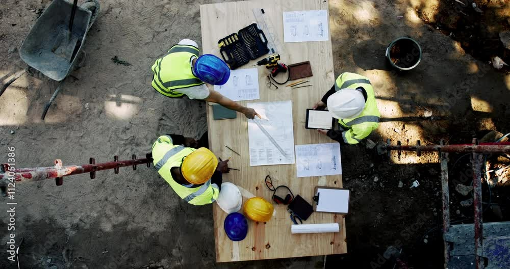 Poster above, people and talking on construction site with paper, urban development or project management w
