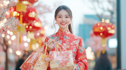 Obraz premium Chinese New Year Shopping Spree: A cheerful woman in a traditional red dress smiles brightly while holding shopping bags, surrounded by festive red lanterns.