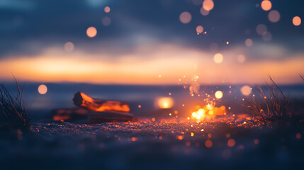 Naklejka premium Campfire sparks at dusk beachside bokeh glow nature photography tranquil environment close-up view