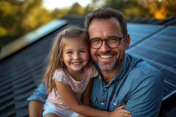 Naklejka premium A father with his daughter laughing on the roof of their house, where solar panels have been installed.