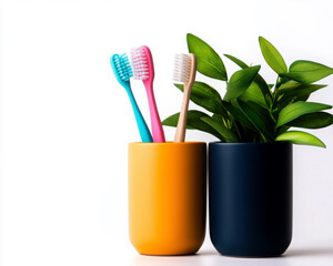 Colorful toothbrushes in vibrant pots next to a green plant.