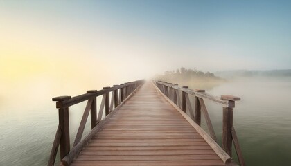 Obraz premium The concept of happiness and new beginnings: Rustic wooden bridge over a tranquil river, starting a serene journey.
