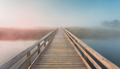 Obraz premium The concept of happiness and new beginnings: Rustic wooden bridge over a tranquil river, starting a serene journey.