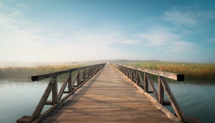 Fototapeta premium The concept of happiness and new beginnings: Rustic wooden bridge over a tranquil river, starting a serene journey.