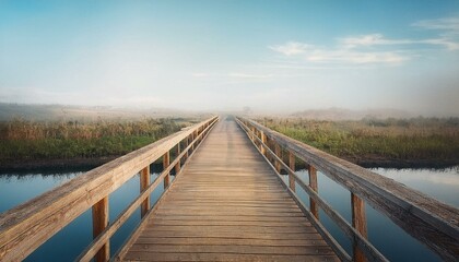 The concept of happiness and new beginnings: Rustic wooden bridge over a tranquil river, starting a serene journey.