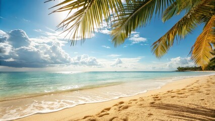 Obraz premium Idyllic tropical beach scene with palm fronds, sunny sky, and gentle waves lapping golden sand
