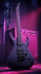 Electric guitar against amplifier in vibrant lighting
