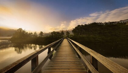 Fototapeta premium The concept of happiness and new beginnings: Rustic wooden bridge over a tranquil river, starting a serene journey.