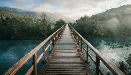 Fototapeta premium The concept of happiness and new beginnings: Rustic wooden bridge over a tranquil river, starting a serene journey.