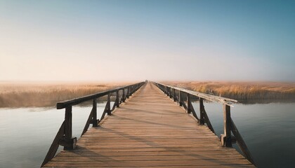 Fototapeta premium The concept of happiness and new beginnings: Rustic wooden bridge over a tranquil river, starting a serene journey.