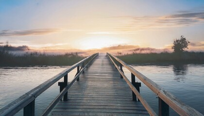 Obraz premium The concept of happiness and new beginnings: Rustic wooden bridge over a tranquil river, starting a serene journey.